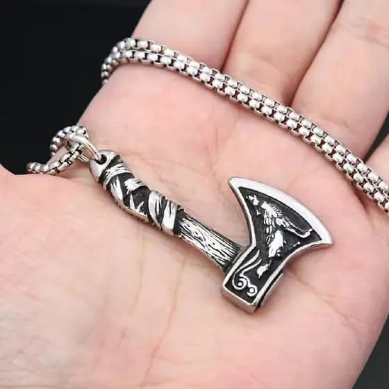 Colar Viking Corrente Aço Inox Pingente Machado Liga Metal - Martelo Thor Odin Prata Moda Masculina