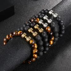 Pulseira Fit Ajustável Halter Aço Inoxidável Legítimo Pedra Natural Olho Tigre Vulcânica e Miçangas