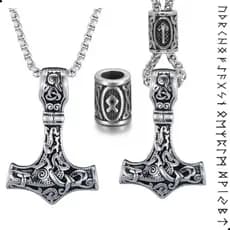 Colar Corrente em Aço Inoxidável e Martelo do Thor de Metal Liga - Machado Runas Viking Ragnar Odin