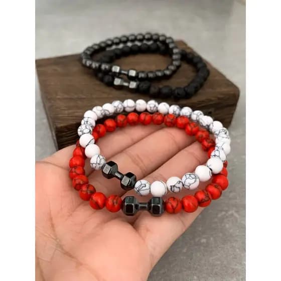 Pulseira Fit Pingente Halter Hematita Unissex Pedra Natural Vulcanica Bracelete Elástico Ajustável fitness academia