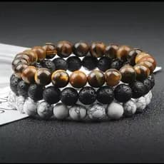 Pulseiras de Pedras Naturais Masculina e Feminina Vulcânica, Olho de Tigre, Kit ou Unidade