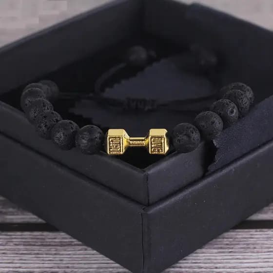 Pulseira Fit Pingente Halter e Pedras 8mm Bracelete ajustável de contas com Haltere pulseira maromba