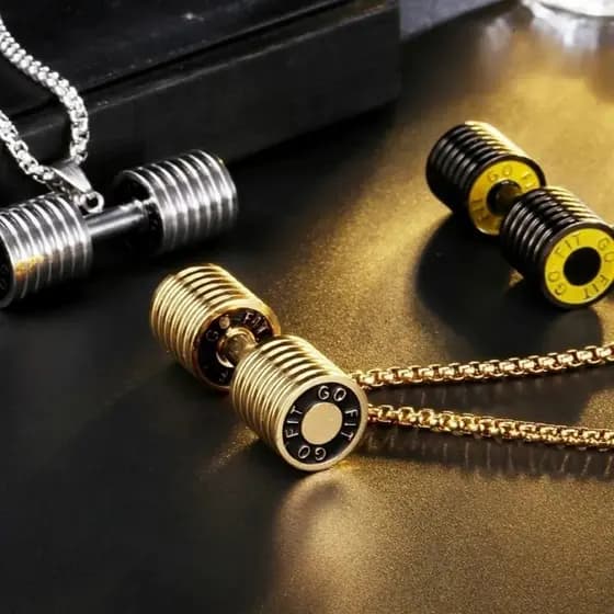 Colar Fitness Haltere em Aço Inoxidável - Cordão maromba Academia Musculação