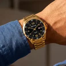 Relógio Seculus Masculino De Pulso Analógico Quartz Dourado Em Aço Inoxidável Esportivo Casual A Prova Dágua Original
