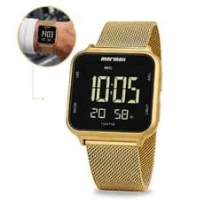 Relógio Mormaii Unissex Digital De Pulso Quadrado Dourado Com Cronômetro Calendário Prova Dágua Em 100 Metros Original