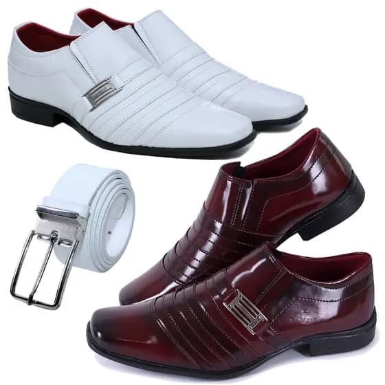 Kit 2 pares sapatosocial masculino em couro ecológico branco e bodô + cinto branco