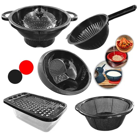 Kit 4 Escorredor de Alimentos Arroz Legumes Macarrão Folha Multiuso + Ralador C/ Coletor Cozinha
