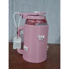 porta lata 355ml com tampa rosa bebê com branco.