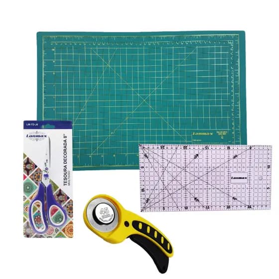 KIT iniciante patchwork - Base de corte A2 + Cortador Circular + Régua patchwork+ Tesoura multiuso