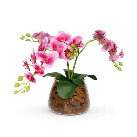 ARRANJO ORQUIDEA ARTIFICIAL 3D HASTES VASO VIDRO INCOLOR