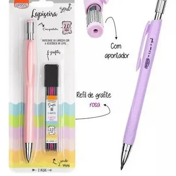 Lapiseira 2.0mm + Grafite 4 unid + 2 grafite Coloridos Cor Pastel Rosa - BRW Ponta Grossa