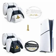 Kit Base Stand Vertical e Suporte Duplo Para Controles Playstation Ps5 Slim Compatível com Disco Digital e Físico