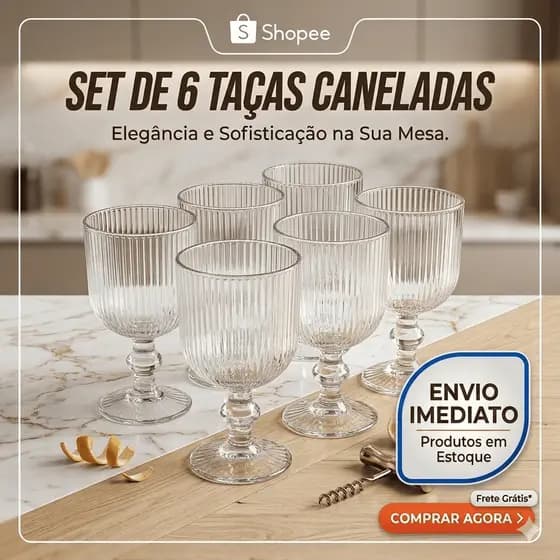 Jogo 6 Taças De Vidro Canelado Transparente 380ml Mesa Posta Fratelli