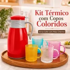 Kit Garrafa Térmica Premium com Copos Coloridos Translúcidos – ThermoColor Elegance Set para Café, Chá, Mesa Posta e Coz