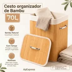 Cesto De Roupa Suja Bambu 70L Com Tampa Organizador Banheiro Quarto Lavanderia Grande Dobrável Forro Removível Multiuso