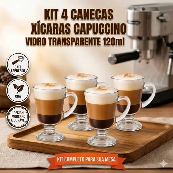 Jogo 4 Xícaras Canecas Vidro Café Cappuccino 120ml Cantinho Do Café