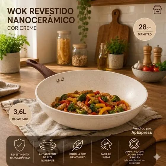 Frigideira Antiaderente Nanoceramico 28cm Creme Lehavi Ecologica Indução Elétrico Gás