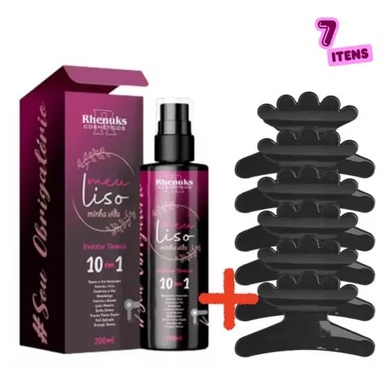 Kit Spray Protetor Térmico 10 em 1 Capilar Meu Liso + 6 Piranha Preta Salão Para Cabelo Feminino