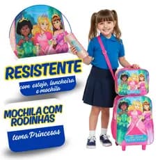 CONJUNTO MOCHILA LANCHEIRA E BOLSINHA DE LÁPIS PARA MENINAS ESCOLA CRECHE PRINCESAS ROSA COM RODAS