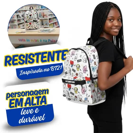 Mochila BTS BT21 Escolar De Costas Feminina Masculina Reforçada Alça Ajustável Personagens K-Pop