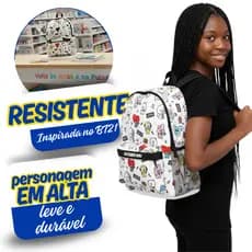 Mochila BTS BT21 Escolar De Costas Feminina Masculina Reforçada Alça Ajustável Personagens K-Pop