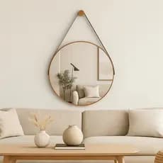 Espelho Adnet Couro Com Alça + Suporte 40cm Sala Quarto Banheiro Redondo