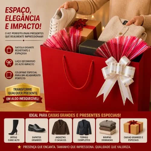 Kit Embalagem Presente Vermelho 15 Peças | 5 Sacolas Gigantes + 5 Celofane Rosa + 5 Laços Brancos | Para Cestas e Festas