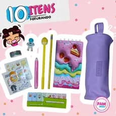 Kit Papelaria Fofa - 10 Itens Surpreendentes e Kawaii caneta borracha lápis washi tape marca texto caderneta estojo