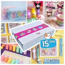 Kit Papelaria Fofa Kawaii Com 15 Itens - Presente Criativo Marca Texto Canetas Fofas Estojo Caderno Adesivos