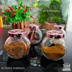 Kit Porta-Tempero / Frasco de vidro com tampa Rose p/ Armazenar Temperos / condimentos/ Conjunto com 3 unidades Rose 3 u