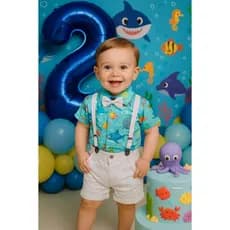 FUNDO DO MAR - Kit Roupa Conjunto Infantil Menino 4 Peças Camisa Gravata Bermuda e Suspensório Aniversário Mesversário