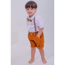 Kit 4 Peças Roupa Batizado Social Bermuda, Gravata, Suspensório e Camisa Aniversário