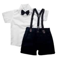 Conjunto temático Chefinho Social 4 pçs Kit Camisa, bermuda, suspensório e Gravata Aniversário