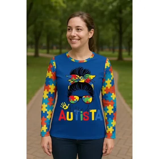 Camisa Manga Longa UV50+ Autismo Adulto Unissex Personalizada DTF – Blusa UV Proteção Solar