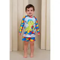 Conjunto Autismo Roupa de Praia Infantil Menino com Proteção Solar UV50+ Blusa e Sunga Boxer Menino