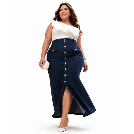 Saia Jeans Longa Plus Size Feminina Cintura Alta com Lycra Cós Largo Modela sem Apertar Botões Frontais Funcionais