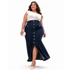 Saia Jeans Longa Plus Size Feminina Cintura Alta com Lycra Cós Largo Modela sem Apertar Botões Frontais Funcionais