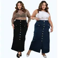 Kit 2 Saias Jeans Longa Plus Size Feminina Moda Crista Com Lycra Cintura Alta Roupas Grande 46 ao 56
