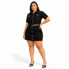 Conjunto Plus Size Jeans Feminino Short Saia E Colete Com Lycra Cintura Alta Botões Funcionais Elegante