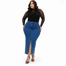 Saia Jeans Longa Plus Size Cós Alto Fenda Frontal Modelagem Premium Feminina do 46 ao 56 Confortável