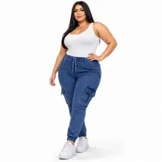 Calça Jeans Plus Size Jogger bolso Cargo Cintura Alta Confortável com lycra levanta bumbum cós elastico moda blogueira