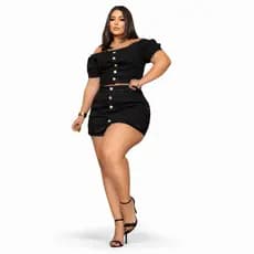 Conjunto Jeans Plus Size Feminino Cropped Ombro a Ombro Short Saia cintura alta Botões Frontais Moda Jovial Tam 46 ao 56