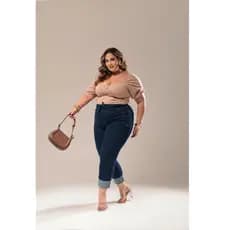 Calça Jeans Feminina plus size jogger Cintura Alta barra dobrada cós de Elástico com lycra