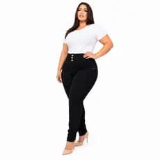 Calça jeans feminina plus size preta cós alto comprime abdomem levanta bumbum com lycra
