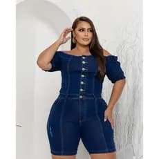 Macaquinho Jeans Ciganinha Plus Size Feminino com Elastano Modelo Curto Conforto e Estilo Verão