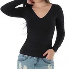 Blusa feminina manga longa gola V 100% algodão