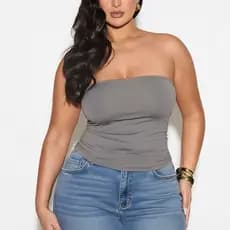 Cropped Tomara Que Caia Top Tube Forrado Básico Tecido Suplex Plus Size - Cinza