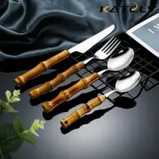 Talheres De Aço Inoxidável Com Cabo De Bambu , Colher E Garfo De Madeira , Faca Minimalista , Utensílios De Mesa