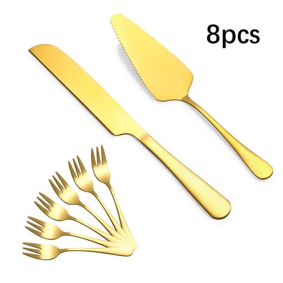 Conjunto De Talheres De Sobremesa Em Aço Inoxidável Dourado , 8 Peças , pizza , Pão , Bolo , Espátula , Garfo De Frutas