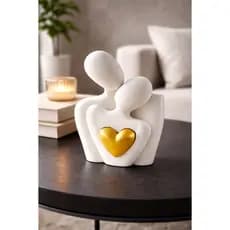Escultura Decorativa Casal com Coração Dourado – Estátua Amor Moderna 15cm